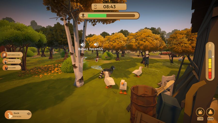 Playing as a duck among geese on the farm in Moo Who?, with the fly meter at the top and a hunter standing in the distance