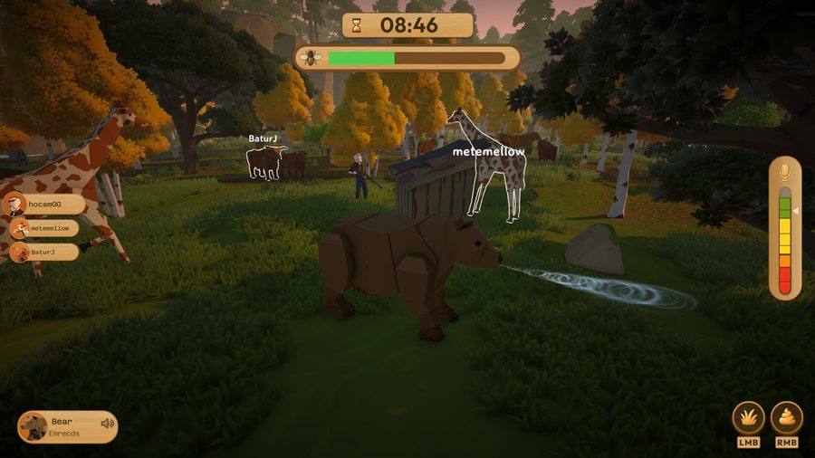 A bear player emitting a visible sound ripple in Moo Who? while giraffes graze nearby and a hunter patrols behind