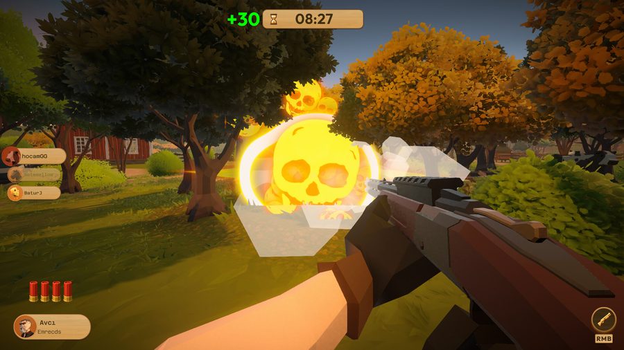 Hunter first-person view in Moo Who? scoring +30 points as a golden skull elimination effect bursts between the trees